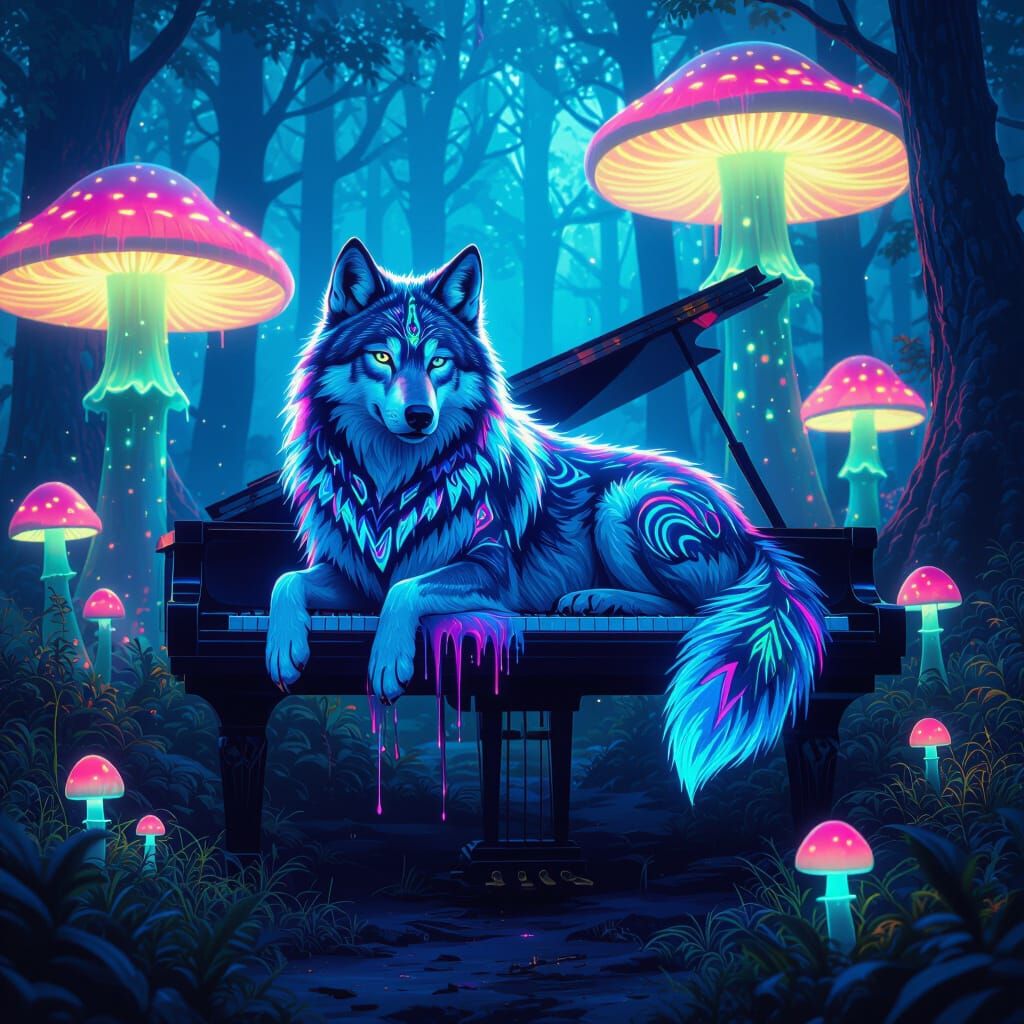 Bioluminescent Wolf Lounging on Melting Piano