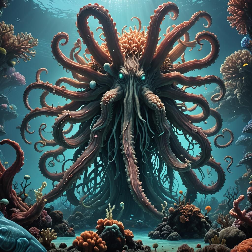 Kraken Rising from Bioluminescent Coral Reef