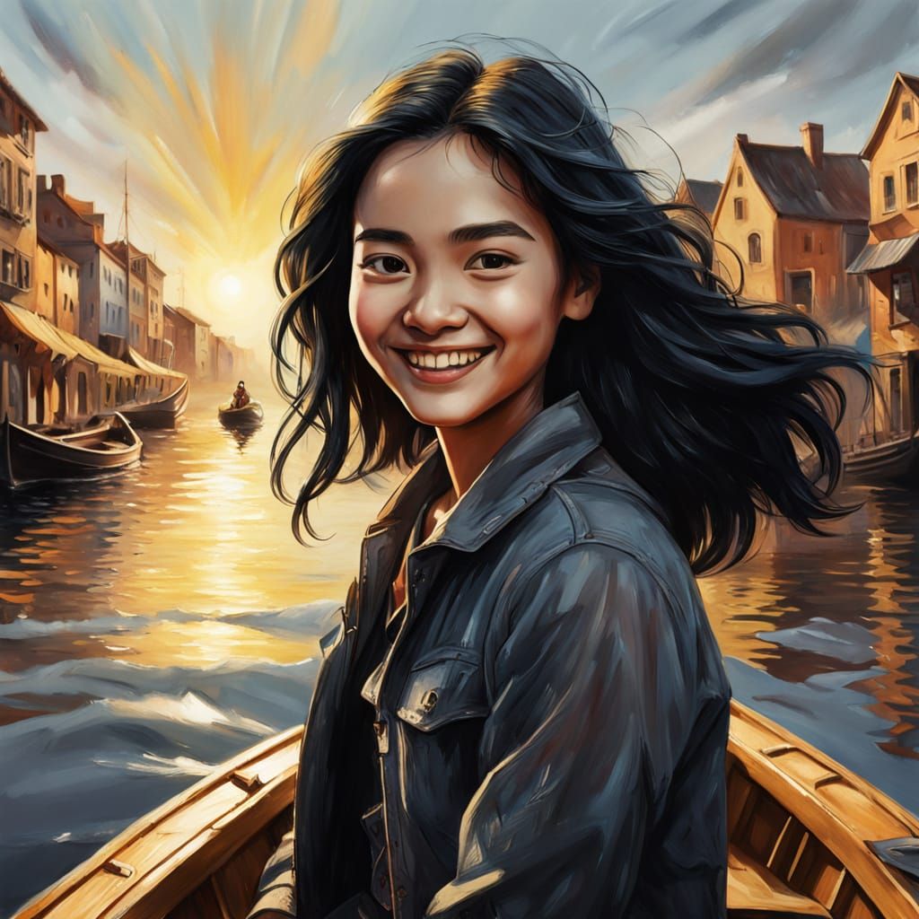 Smiling Woman in Boat: Impressionist Charcoal Drawing