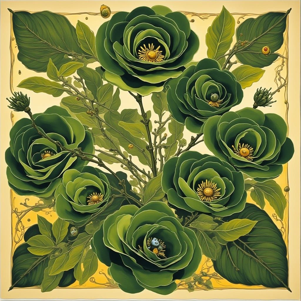 Green Art Nouveau Roses in Alphonse Mucha Style