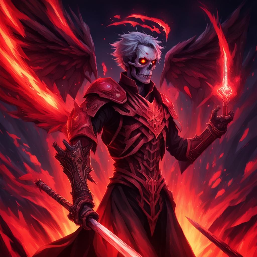 Epic Glitch Art: Armored Skeleton with Flame Wings