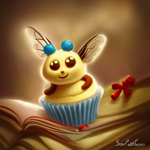 Cartoon Bee Cupcake Reads Book: Digital Art