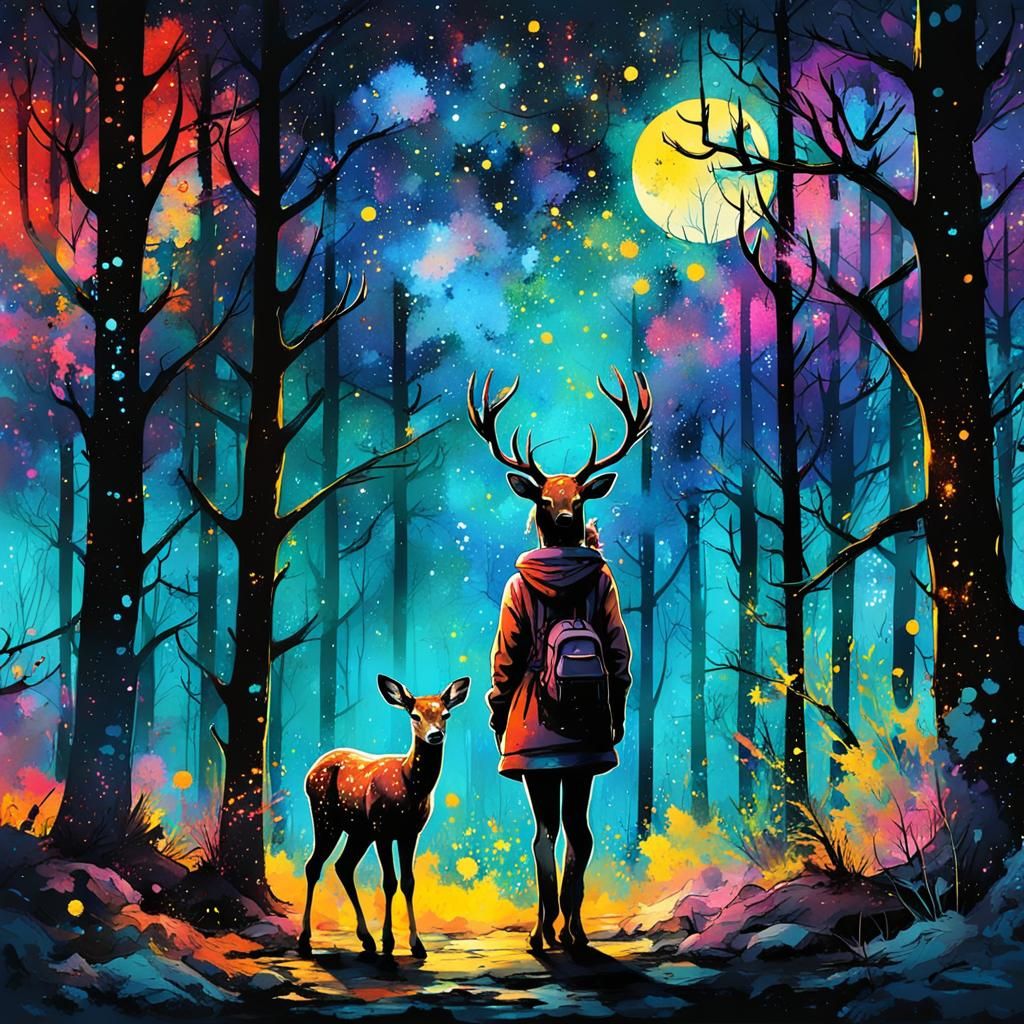 Girl and Deer Chat Under Starry Sky