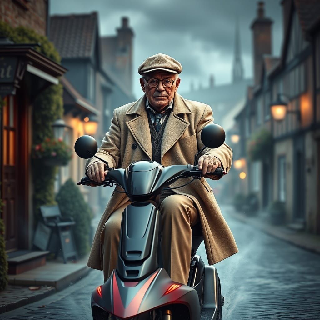 Superhero Grandad Drives Jet Scooter: Digital Portrait