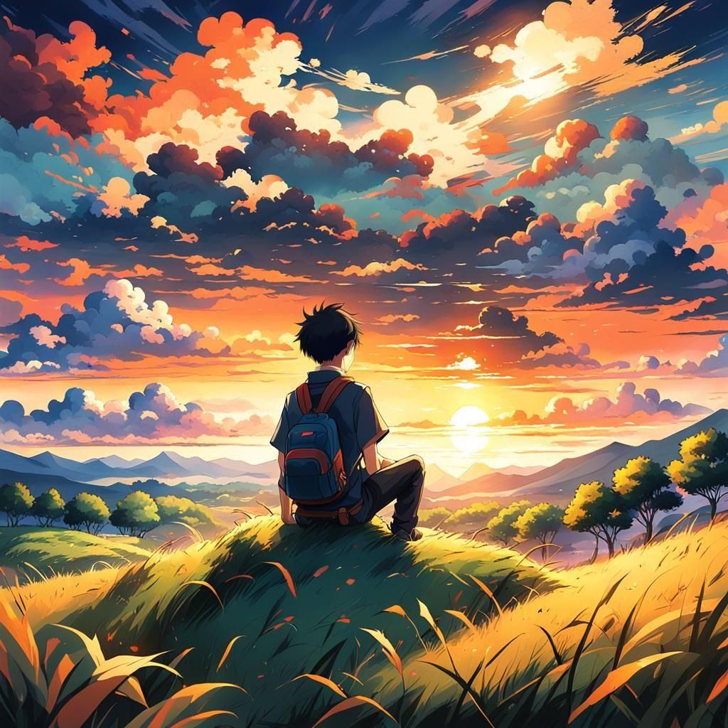 Boy Watching Sunset: Anime Cel-Shaded Style