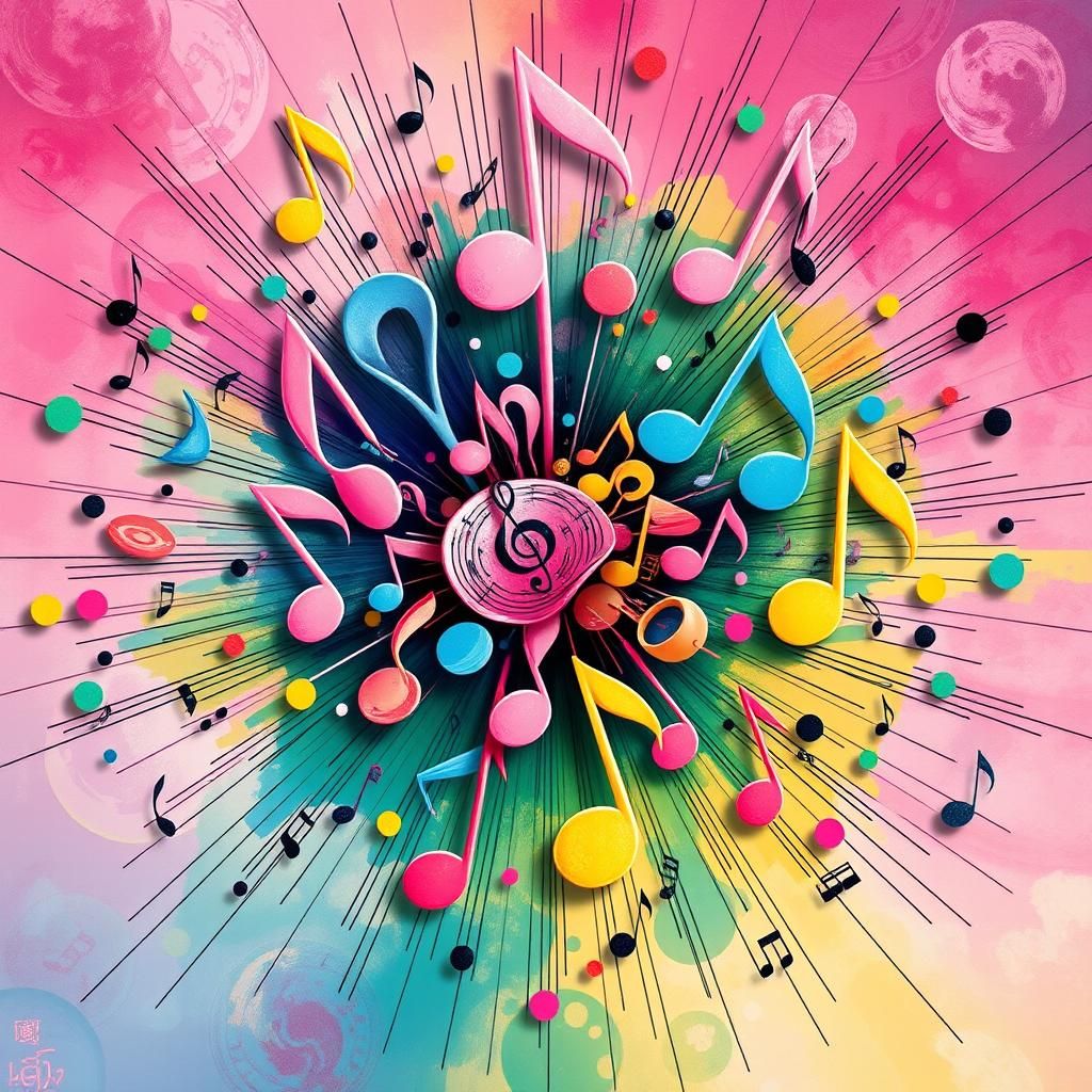 Dynamic Mosaic of Musical Notes in Psychedelic Style