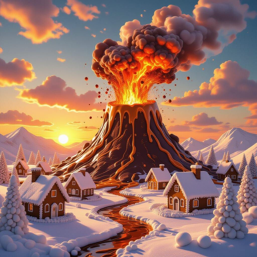 Chocolate Volcano Eruption in a Hyperrealistic Style