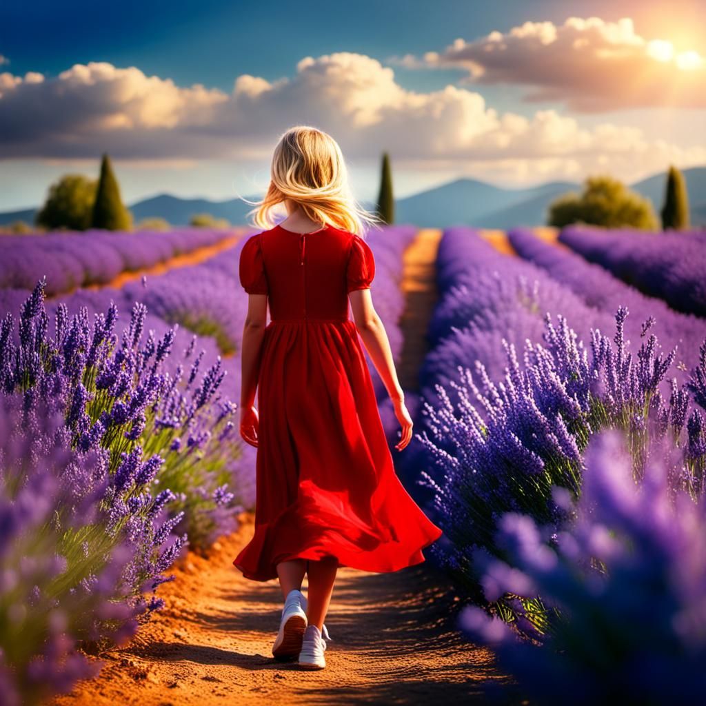 Girl in Red Dress Walking in Lavender Field