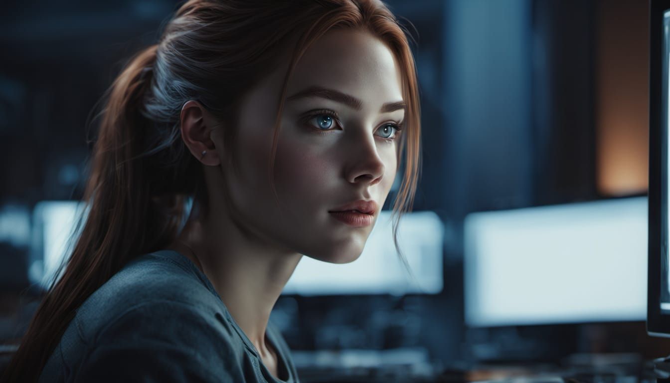 Beautiful Woman Accessing bg4hire.com on Computer