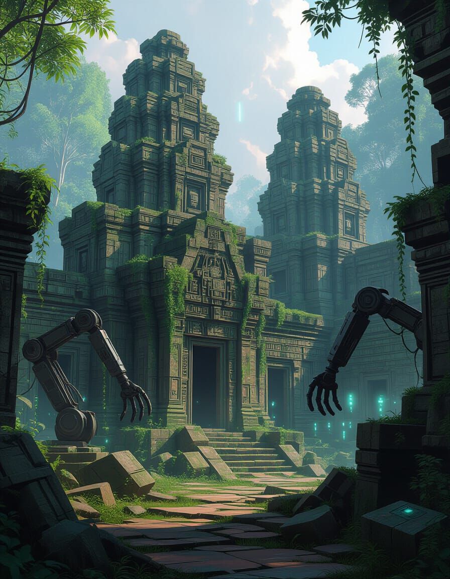 Overgrown Metropolis Ruins with Advanced Technology