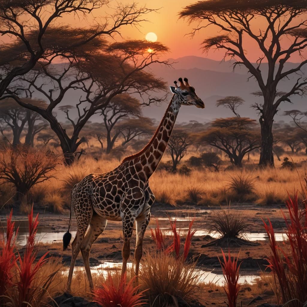 Giraffe Close-Up at Sunset on African Savanna