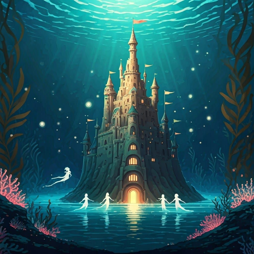 Wide shot, low angle, an underwater sandcastle with flags an...