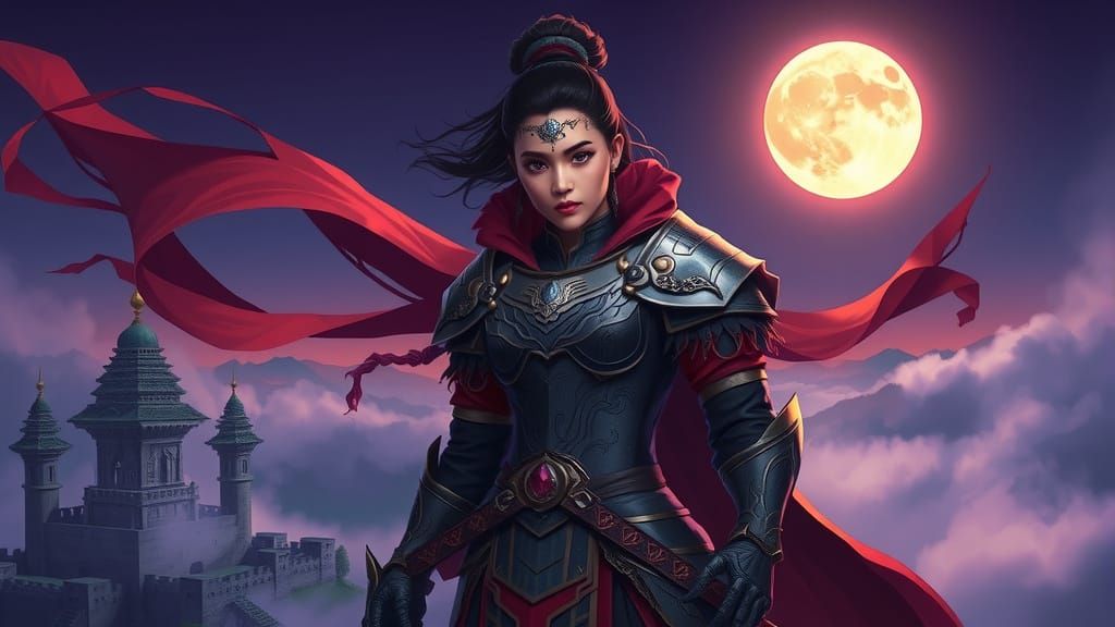 Ethereal Indonesian Warrior Goddess Dominates Twilight Sky