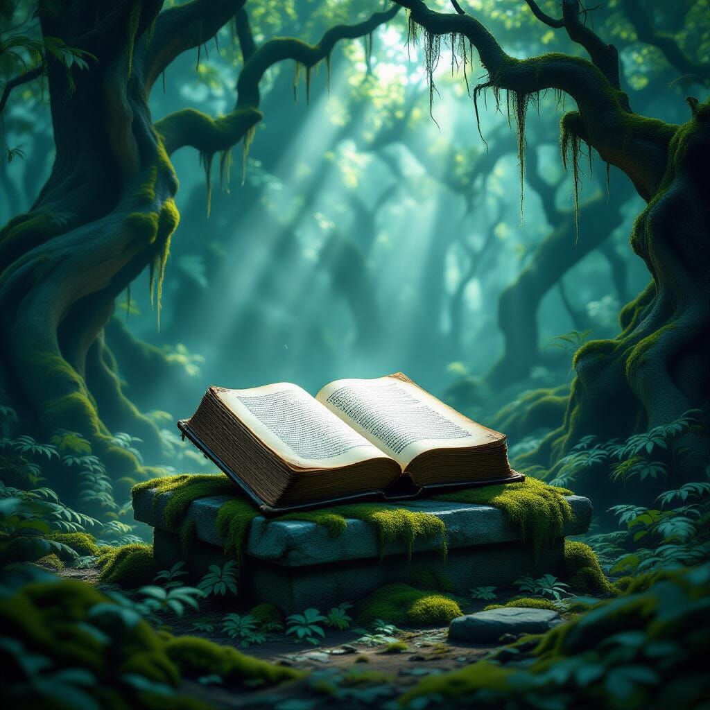 Ancient Tome with Glowing Script in Mystical Forest