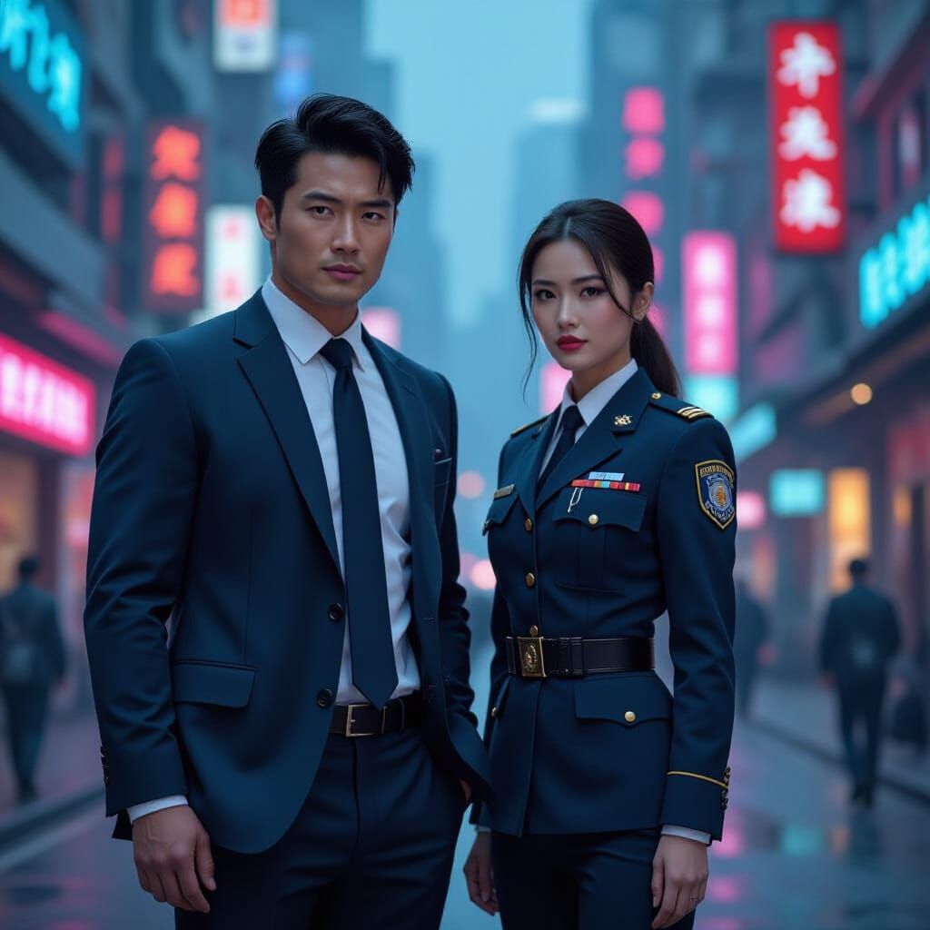Asian John McClane and Officer in Cyberpunk Cityscape