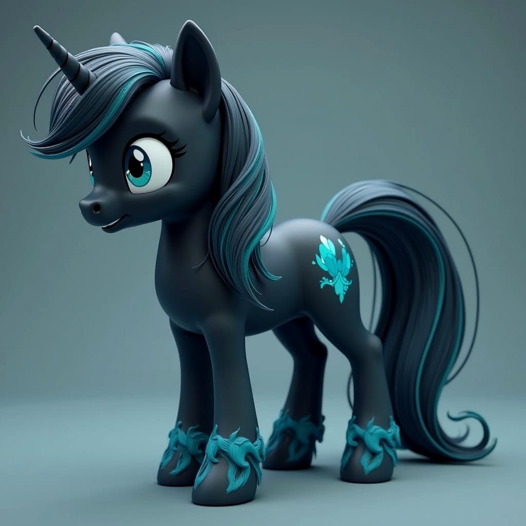 Dark Teal Unicorn Pony in 3D Anime Style
