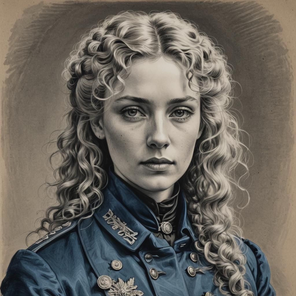 Young Woman in Military Coat: Hyperdetailed Charcoal Drawing