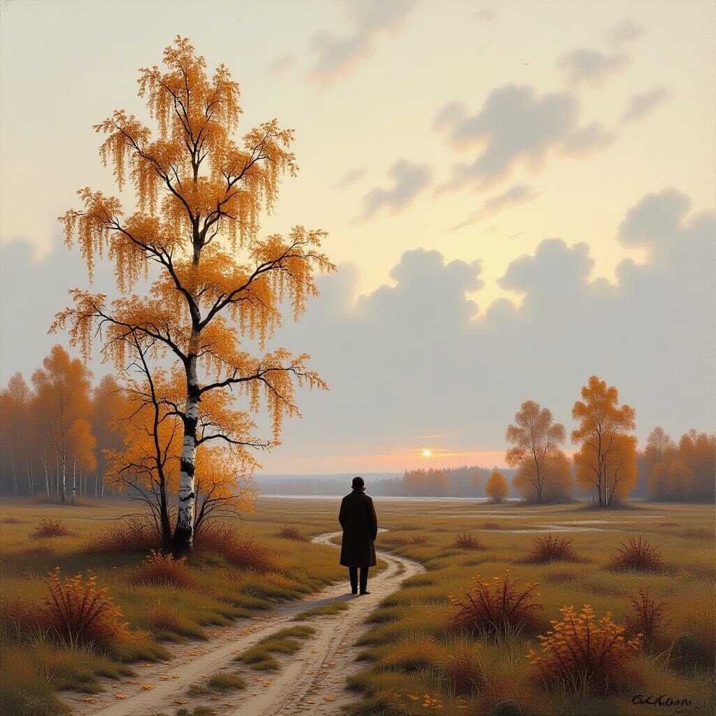 Autumn Landscape: Lone Figure Contemplating Nature's Cycle