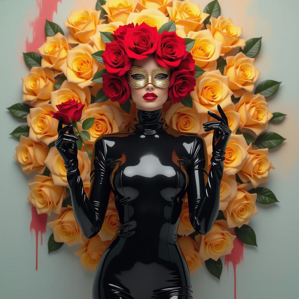 Model in Latex Catsuit with Rose Adornments
