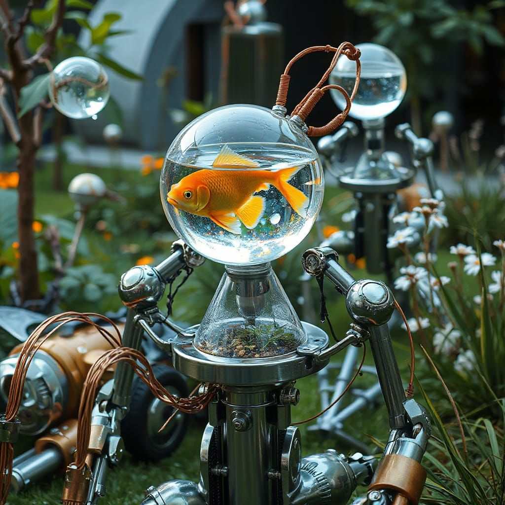Futuristic Robot in Garden with Aquatic Head, Neo-Futurist S...