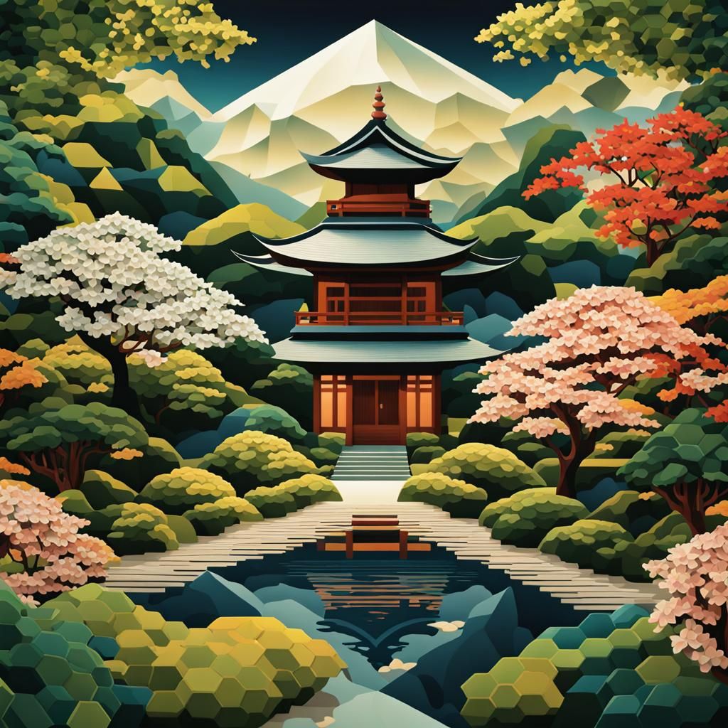 Japanese Garden in Tessellation Cubist Vector Art