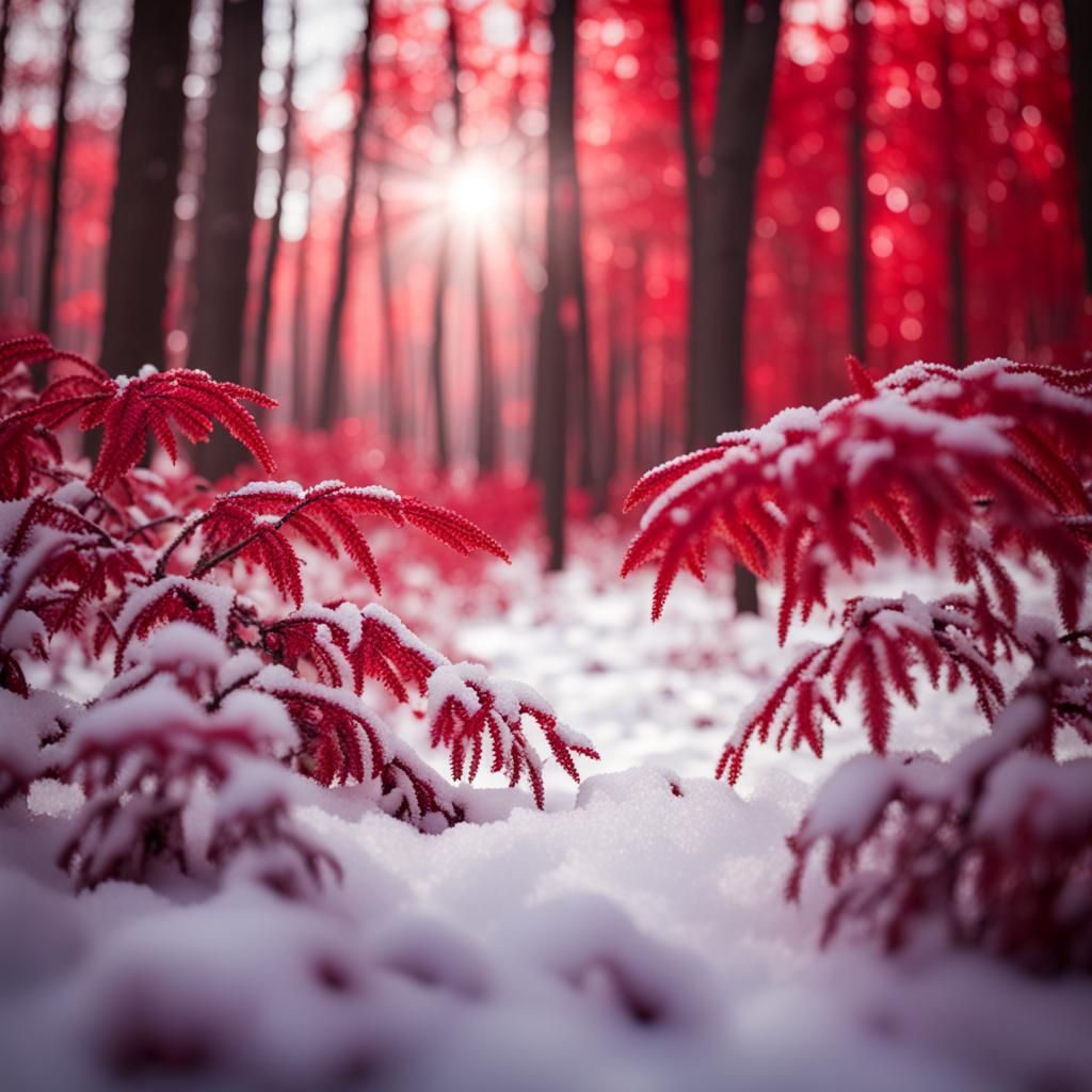 Enchanting Red Snow Forest: Professional Photography