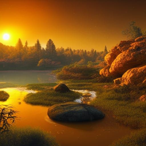 Golden Pond Reflects Blood Moon: Digital Matte Painting
