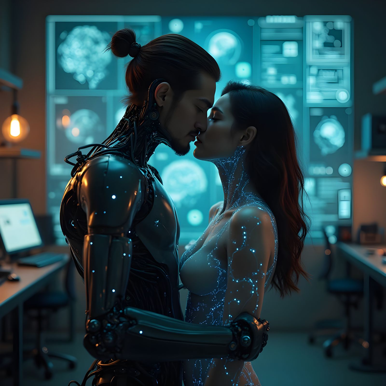 Cyborg Love in a Futuristic Workshop