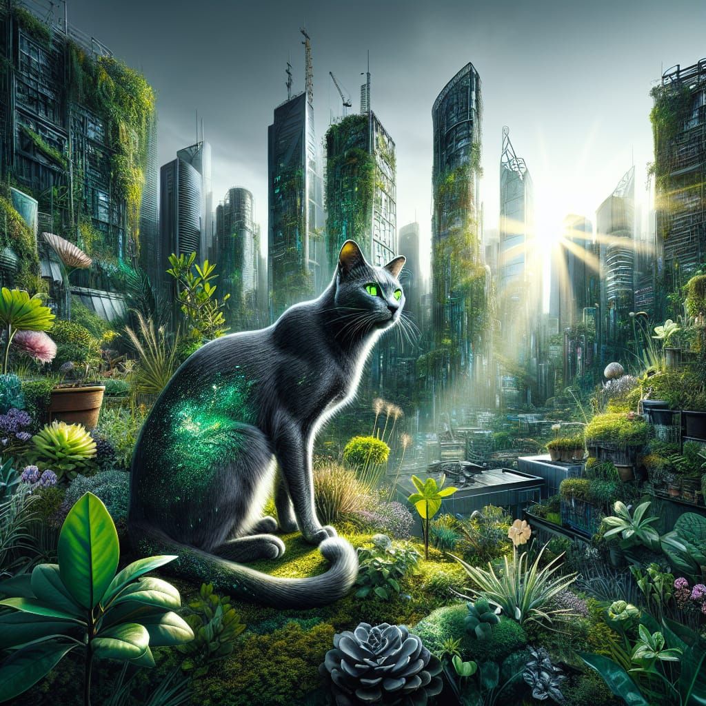 Solarpunk Feline Guardian in Thriving Green Cityscape