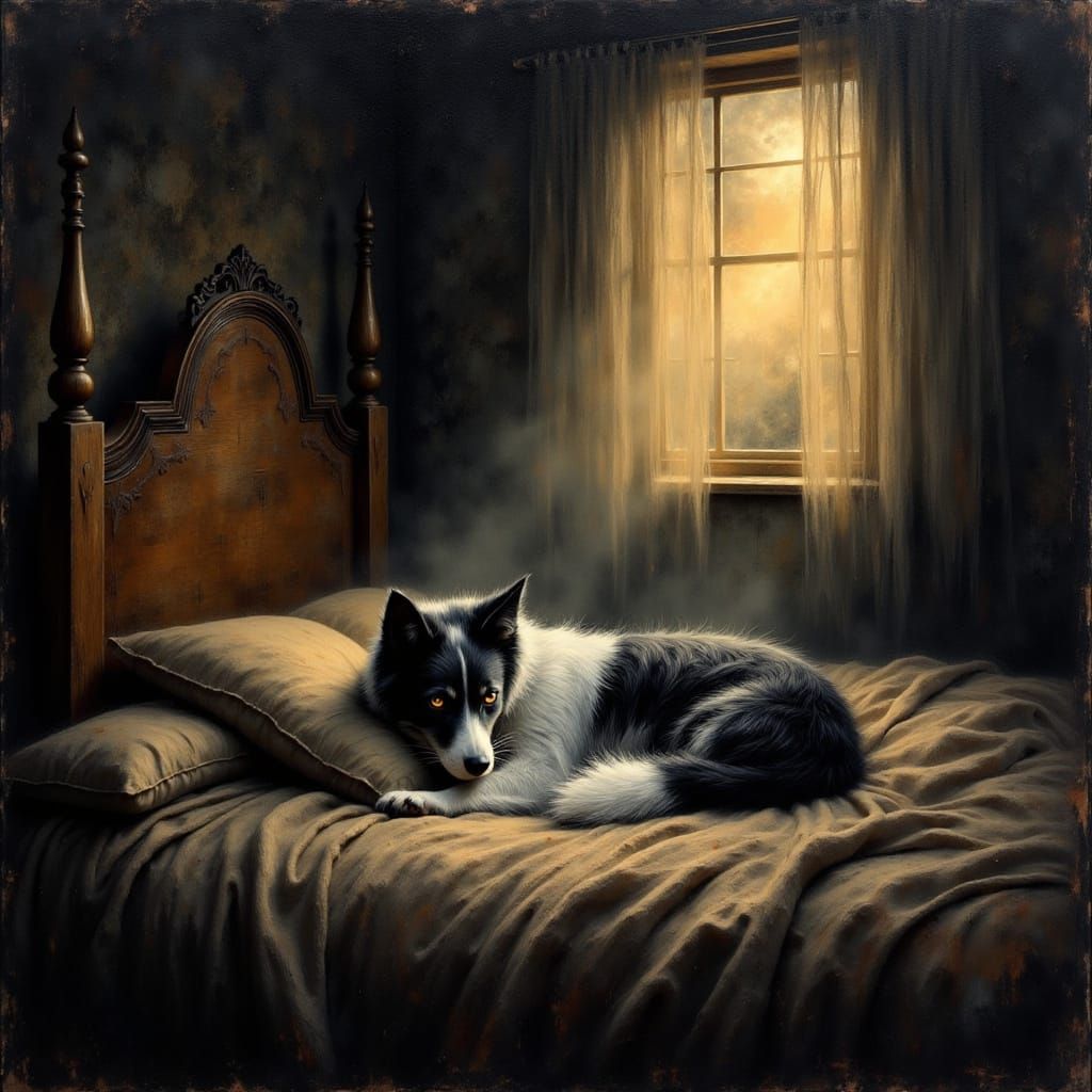 Dog in Golden Moonlight, Romantic Realism Oil Painting