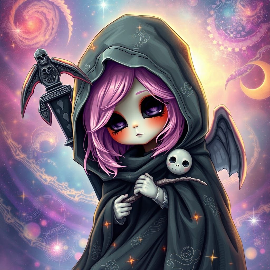 Cute Grim Reaper with Angelic Face in Cosmic Astral Scene