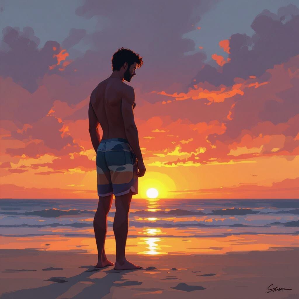 Contemplative Man Silhouette on Beach at Sunset