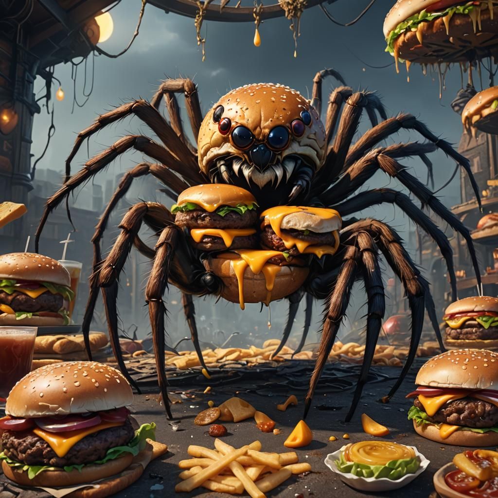 Spider Eating a Cheeseburger: Detailed Matte Painting