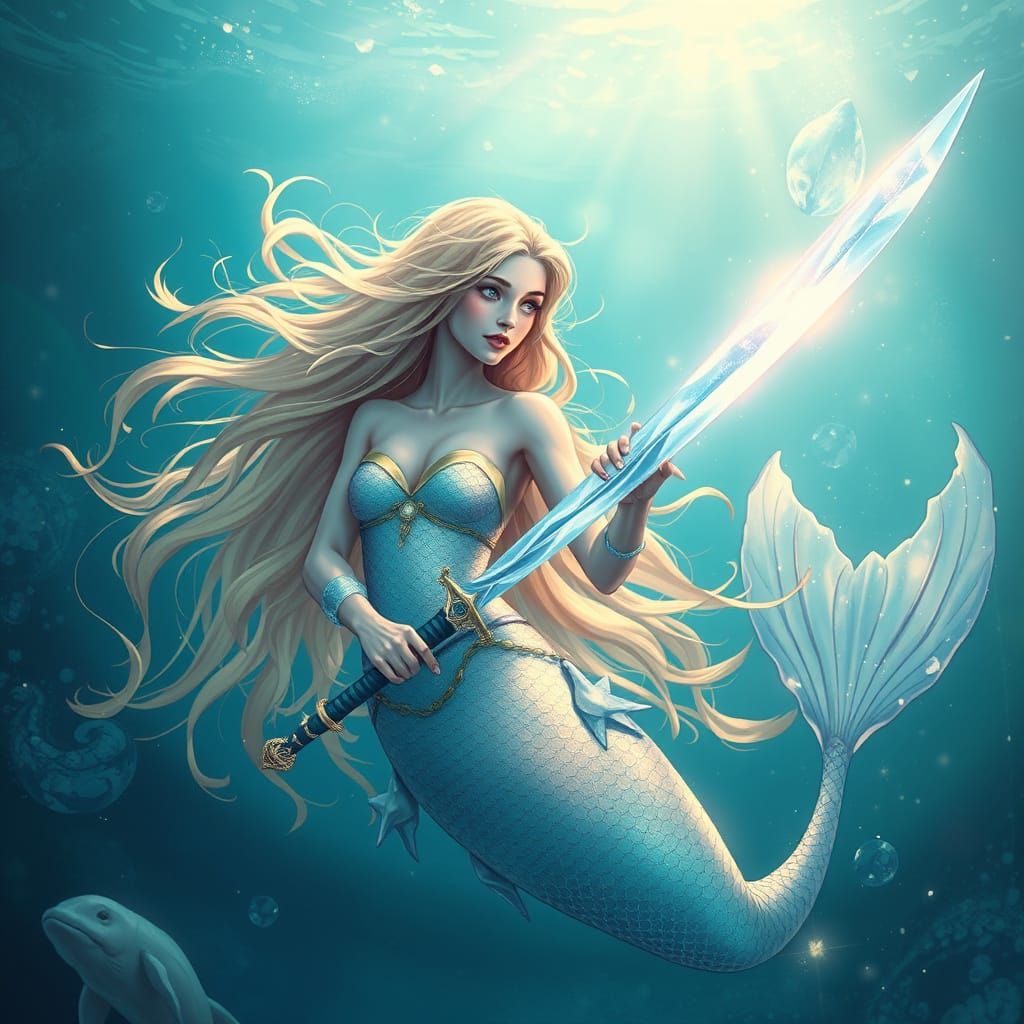 Ethereal Mermaid Wields Shimmering Water Sword in Underwater...