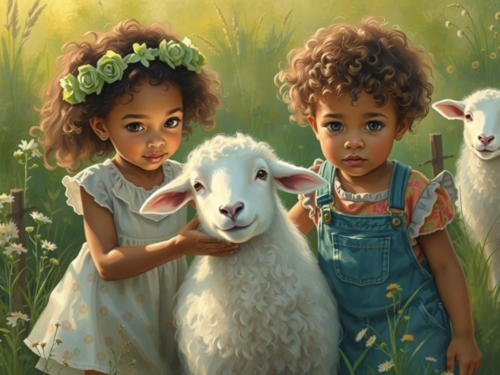 Toddler Siblings Petting Sheep on Sunny Farm