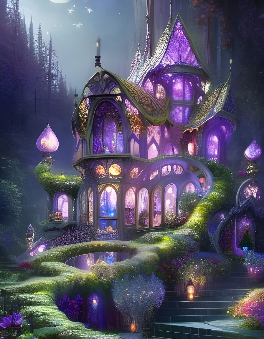 Magical Fairytale Houses Under Crescent Moon