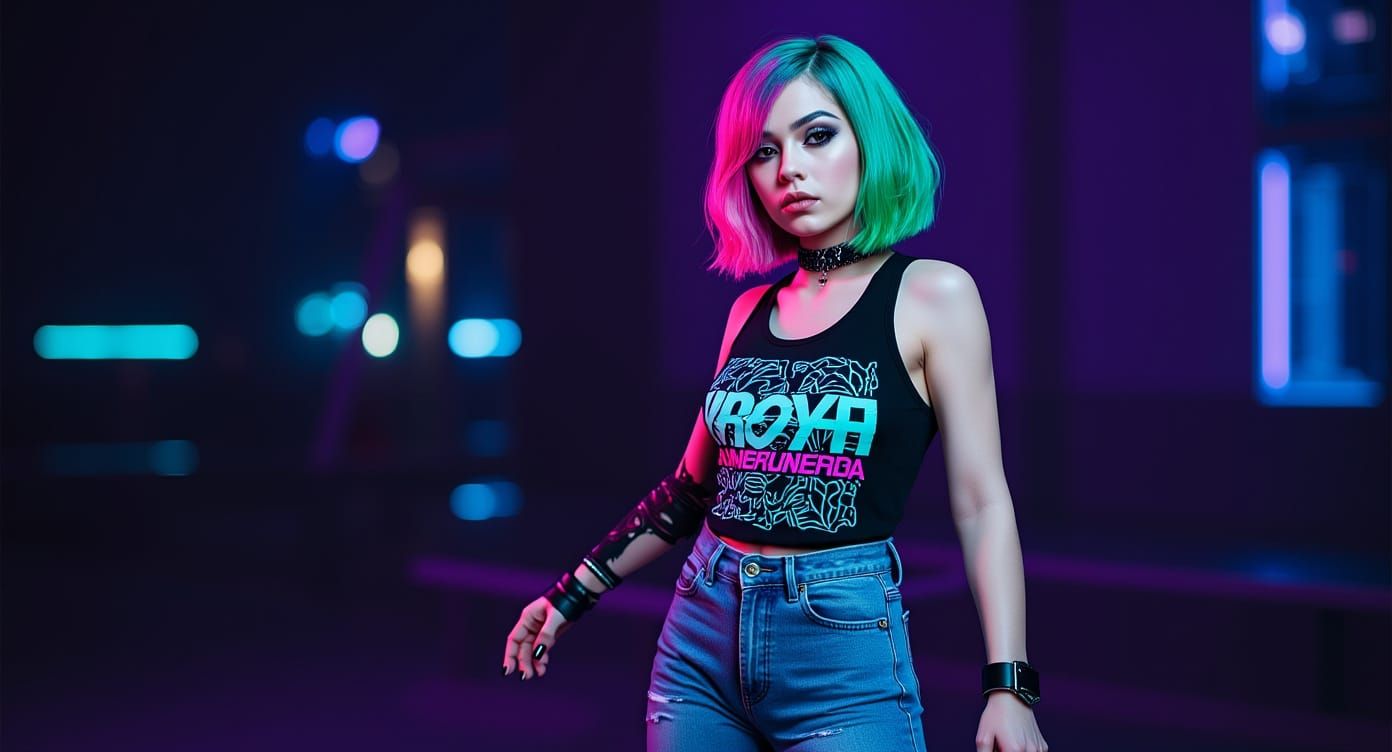 Punk Girl with Asymmetrical Hair in Synthwave Style