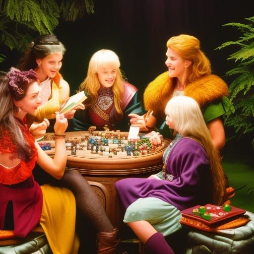 Girls Playing Dungeons and Dragons in Chiaroscuro Style