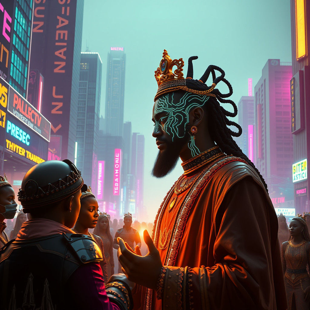 Dystopian African Royalty Gather in Neon-Lit Cityscape