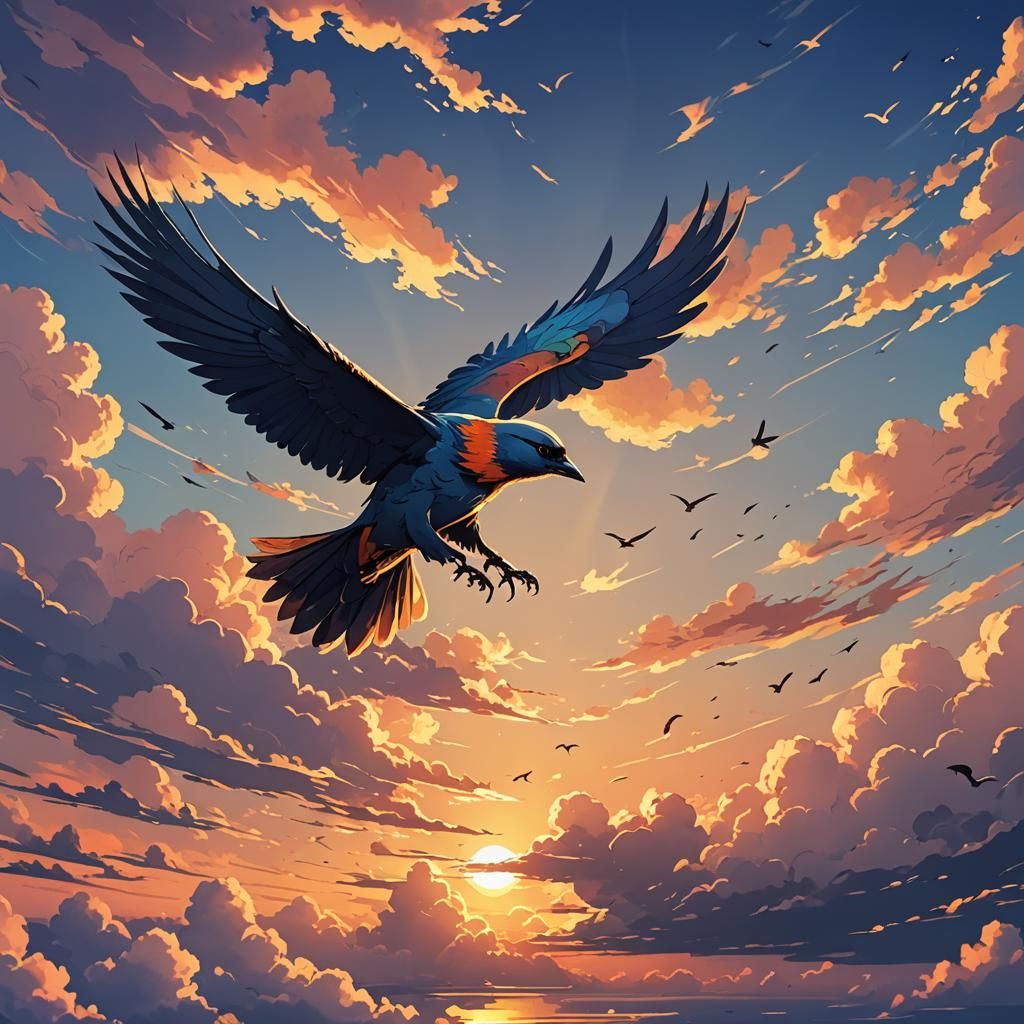 Majestic Bird in Anime Sunset Scene