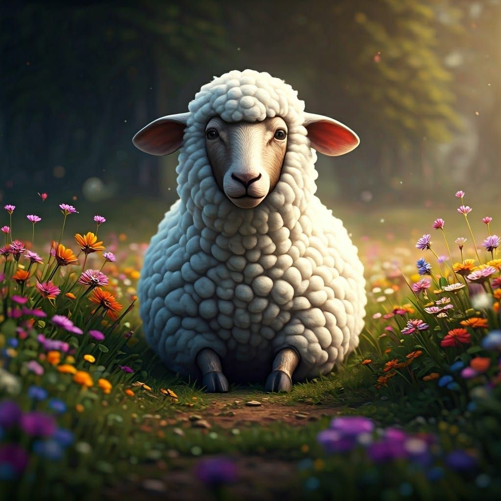 Cotton Wool Sheep in Vibrant Meadow: Matte Painting