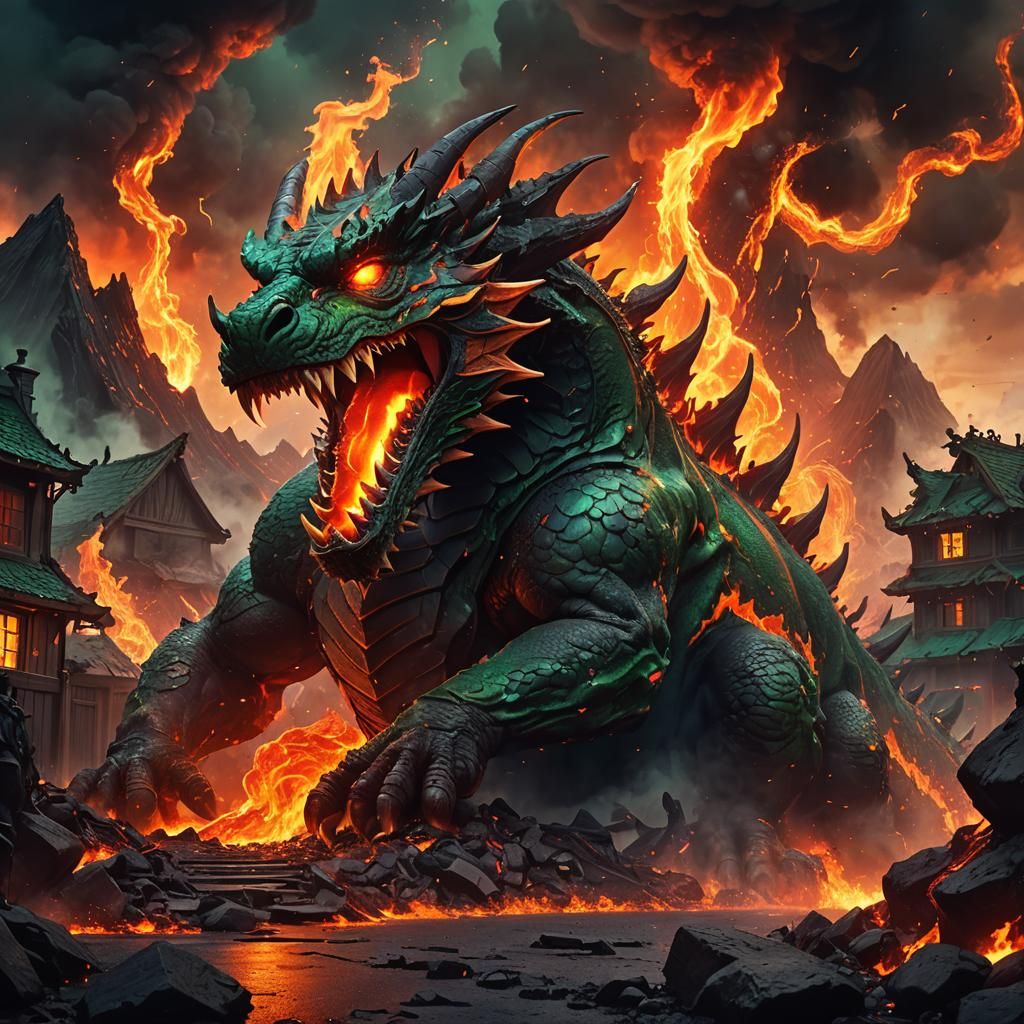 Lava Dragon with Mustache Engulfs House: 3D Render