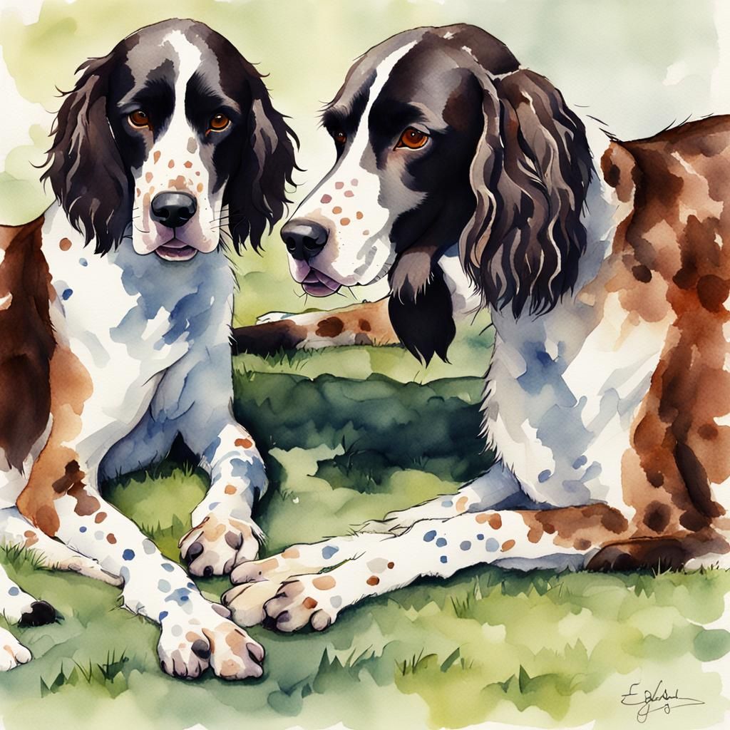 English Springers Snuggling: Minimalist Watercolor