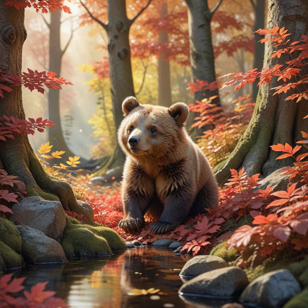 Little Bear Peeking from Autumn Leaves in Forest