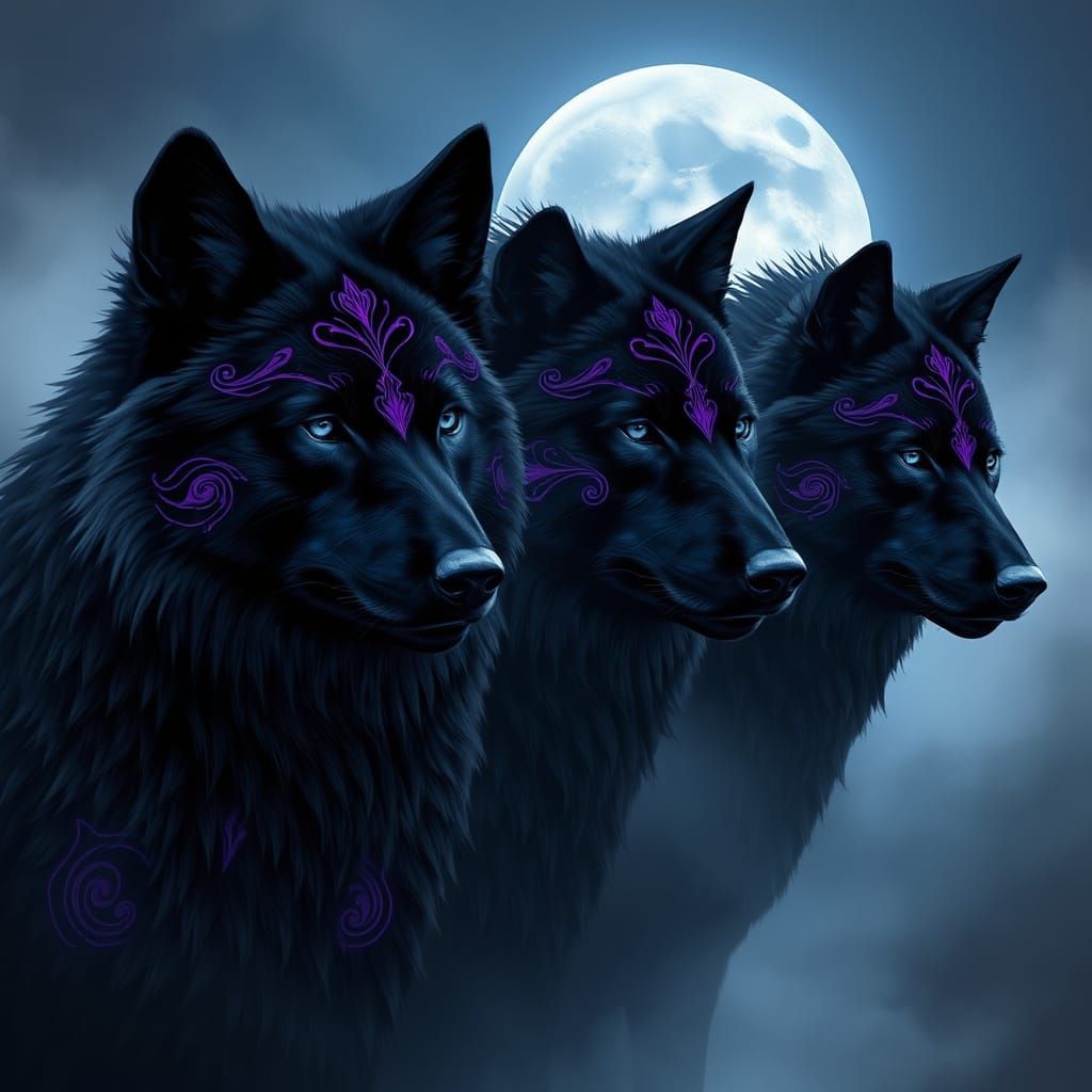 Three Majestic Black Wolves in Mystical Moonlit Forest
