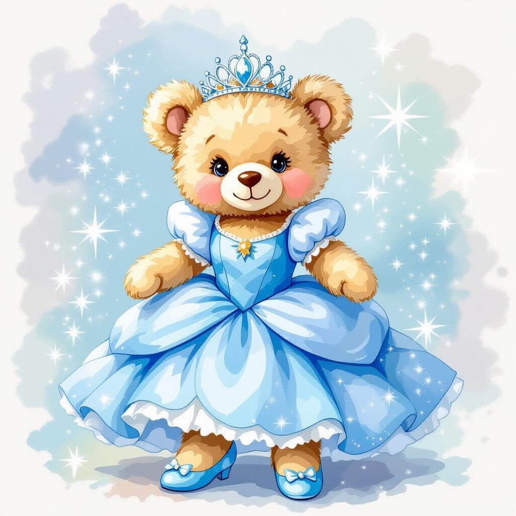 Cinderella Teddy Bear in Watercolor Style