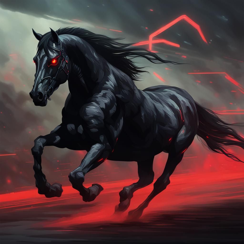Cyberpunk Horse with Red Eyes Running
