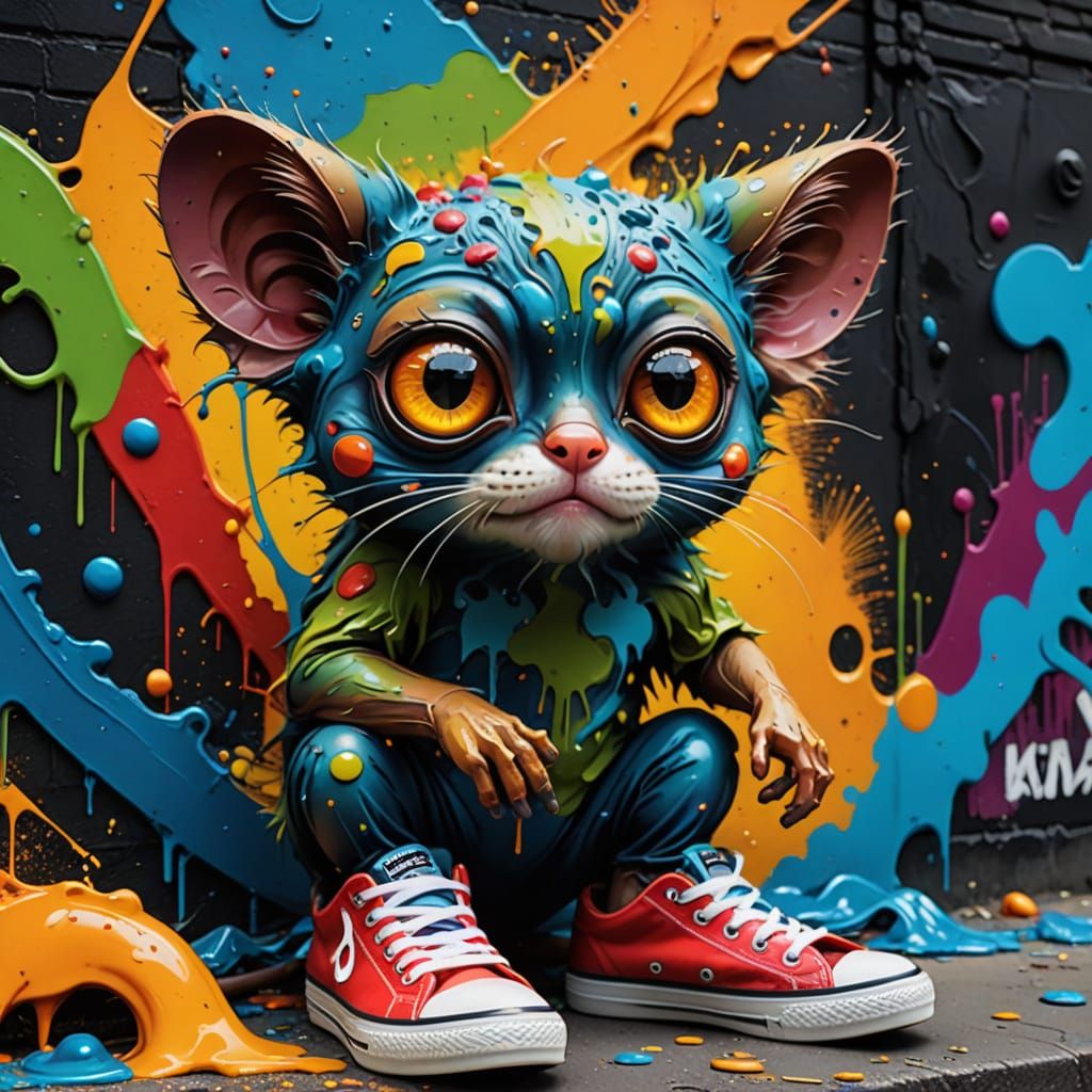 Vibrant Graffiti Tarsier Eyes in Dreamlike Street Art
