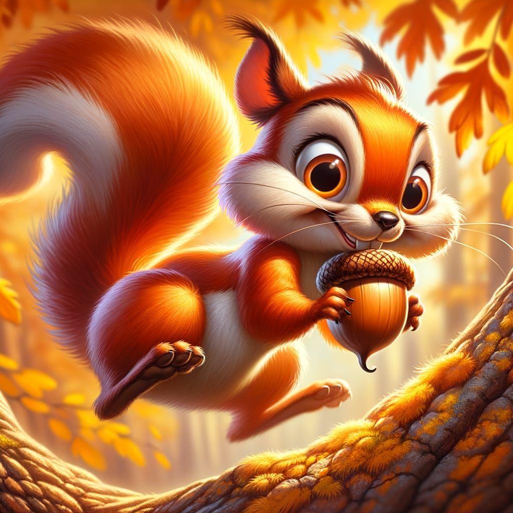 Mischievous Cartoon Squirrel Mid-Jump in Autumn Forest