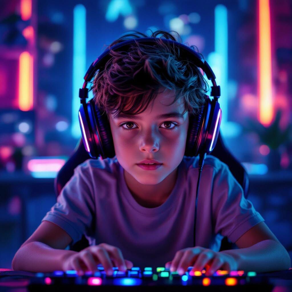Young Gamer Immersed in Virtual World with Neon Lights